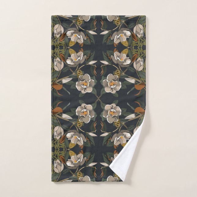 Dark Grey Magnolia Floral Hand Towel (Hand Towel)