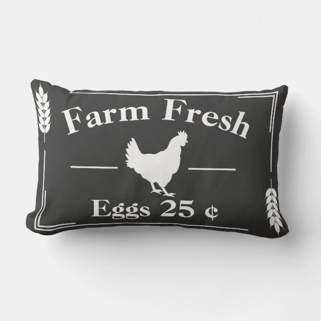 Dark Grey Modern Farmhouse Farm Fresh Eggs Hen Lumbar Cushion (Front)