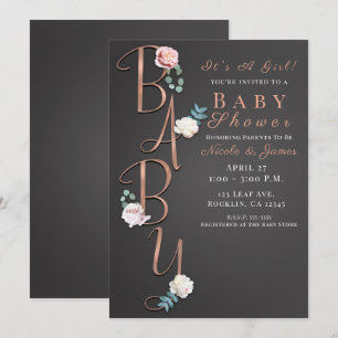 Dark Grey Modern Floral Baby Shower Typography Invitation