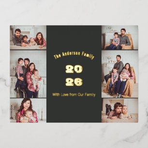Dark Grey Modern Multi Photo Family Year Foil Holiday Postcard
