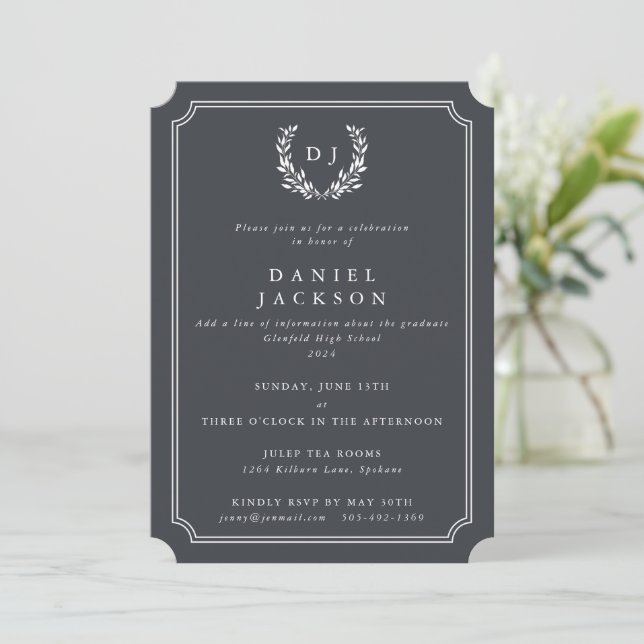 Dark Grey Monogram Laurel Wreath Graduation Invitation (Standing Front)