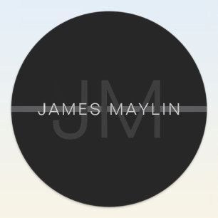 Dark Grey Monogram, Name & Geometric Stripe Classic Round Sticker