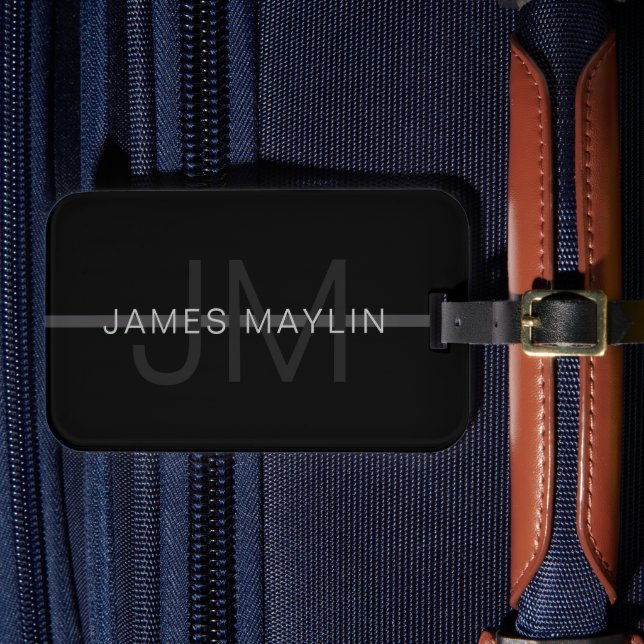 Dark Grey Monogram, Name & Geometric Stripe Luggage Tag (Front Insitu 4)