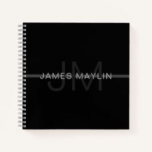 Dark Grey Monogram, Name & Geometric Stripe Notebook