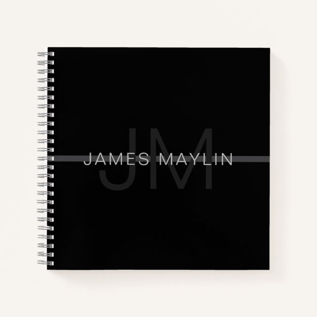 Dark Grey Monogram, Name & Geometric Stripe Notebook (Front)