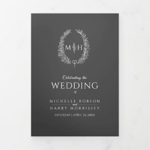 Dark grey monogram wreath story dedication wedding Tri-Fold programme