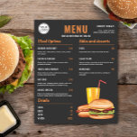 Dark Grey Orange Hamburger Hotdog Food Menu Prices<br><div class="desc">Food menu price list template design for a restaurant or a street food vendor featuring Destei's illustration of some fast food including an orange drink with a red straw, a hot dog with ketchup and mustard on top and a hamburger that has a sesame seed bun that is filled with...</div>