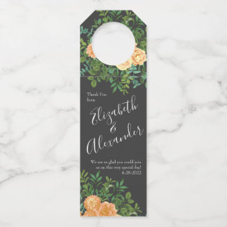 Dark Grey Peach Wedding Modern Floral Bottle Tag