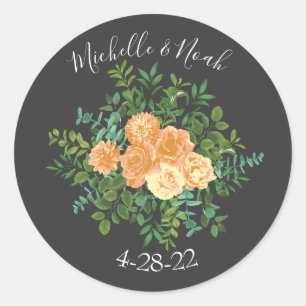 Dark Grey Peach Wedding Modern Floral Classic Round Sticker