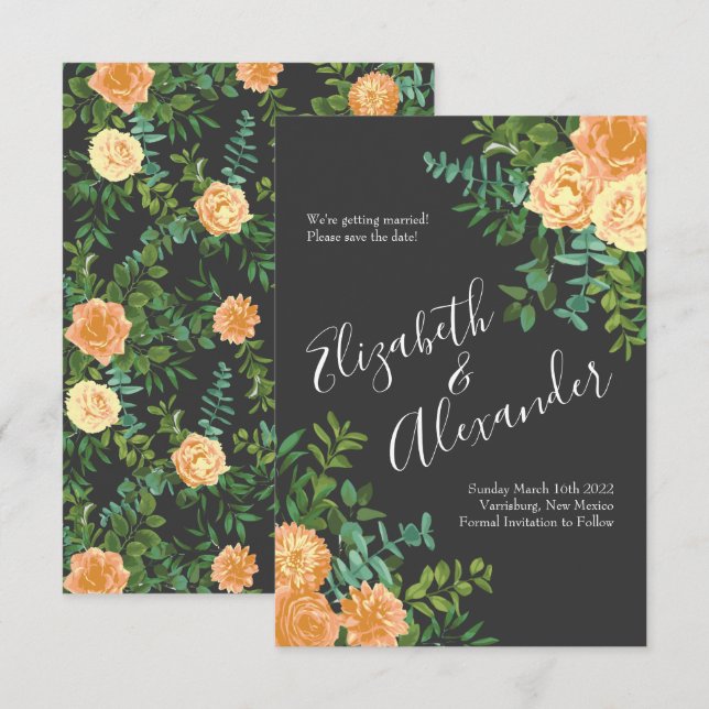 Dark Grey Peach Wedding Modern Floral Invitation (Front/Back)