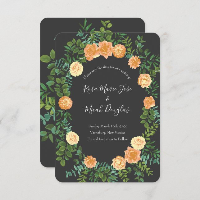 Dark Grey Peach Wedding Modern Floral Invitation (Front/Back)