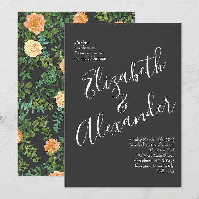 Dark Grey Peach Wedding Modern Floral Invitation (Front/Back)