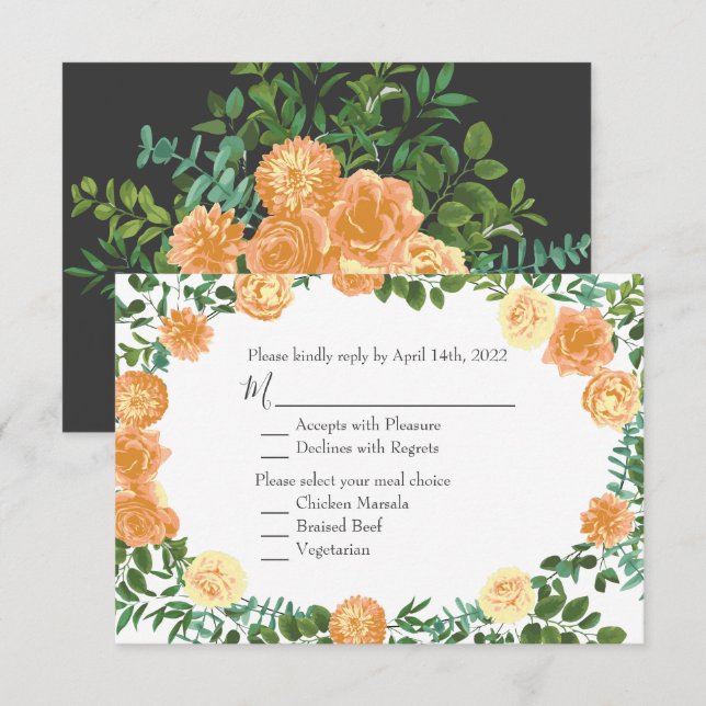 Dark Grey Peach Wedding Modern Floral Invitation (Front/Back)