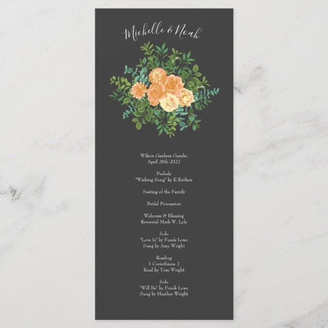 Dark Grey Peach Wedding Modern Floral Menu (Front)