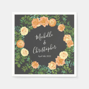 Dark Grey Peach Wedding Modern Floral Napkin