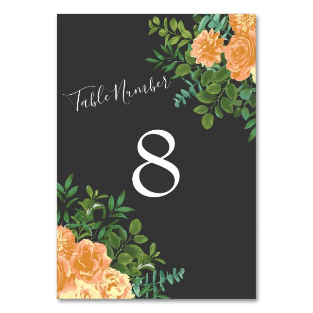 Dark Grey Peach Wedding Modern Floral Table Number (Back)