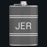 Dark Grey Personalised Monogram Initials Drink Hip Flask<br><div class="desc">Three Initial Monogrammed stainless steel flasks are timeless, classic and stylish. Our Unique design is the perfect personalised gift for that special occasion. Shop our integrated collection of coordinating colours and golf - sports accessories. Custom personal monogrammed initials are added to a dark grey background with white shadowed font and...</div>