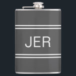 Dark Grey Personalised Monogram Initials Drink Hip Flask<br><div class="desc">Three Initial Monogrammed stainless steel flasks are timeless, classic and stylish. Our Unique design is the perfect personalised gift for that special occasion. Shop our integrated collection of coordinating colours and golf - sports accessories. Custom personal monogrammed initials are added to a dark grey background with white shadowed font and...</div>