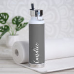 Dark Grey Personalised Wedding Bridesmaid Water Bottle<br><div class="desc">Gift your wedding bridesmaid or maid of honour with this trendy, vacuum Insulated water bottle that features her name in white, stylised script on a dark grey colour background designed to match your wedding colour scheme. Personalise bottle by editing and replacing name with your own as desired. Select your water...</div>
