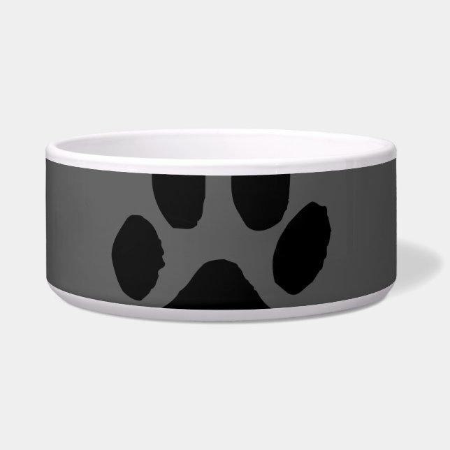 Dark grey pet bowl with black paw prints (Front)