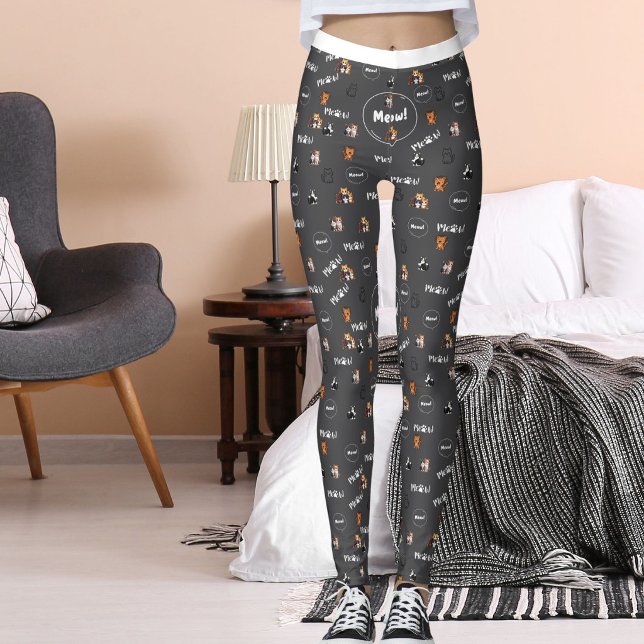 Dark Grey Pet Lover Kitty Feline Meow Cat Pattern Leggings (Creator Uploaded)
