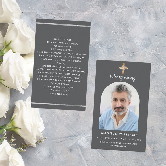 Dark grey photo cross arch funeral prayer card (Creator Uploaded)