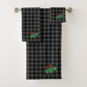 Dark Grey Plaid with Holly Sprigs Bath Towel Set