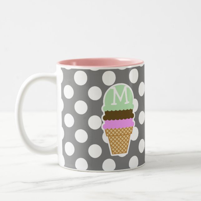 Dark Grey Polka Dots; Ice Cream Cone Two-Tone Coffee Mug (Left)