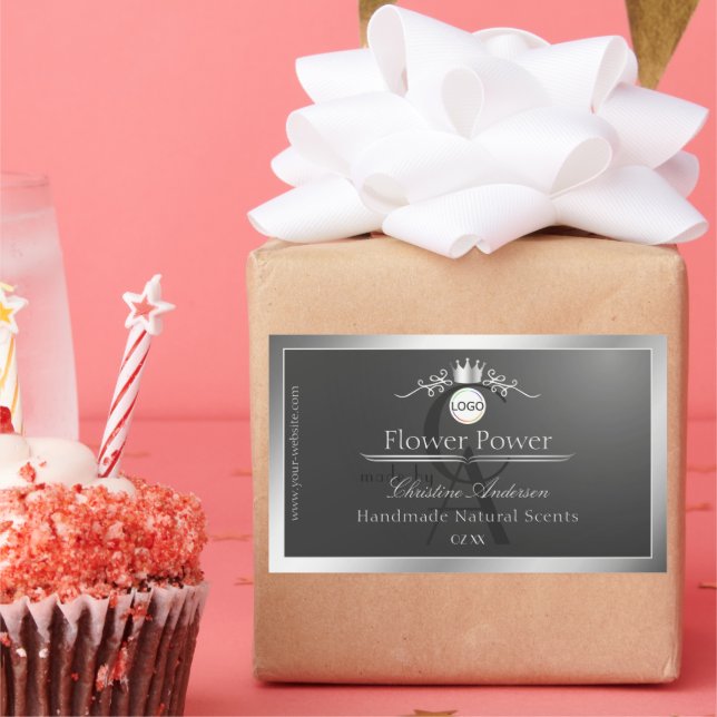 Dark Grey Product Label Silver Frame Logo Monogram (Party)