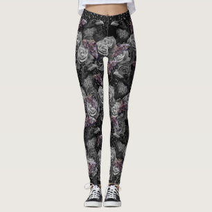 Dark Grey Raven Evermore with Roses and Hawkmoths Leggings