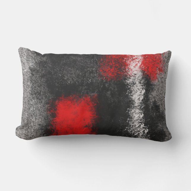 Dark grey red and white abstract lumbar pilloq cushion (Front)