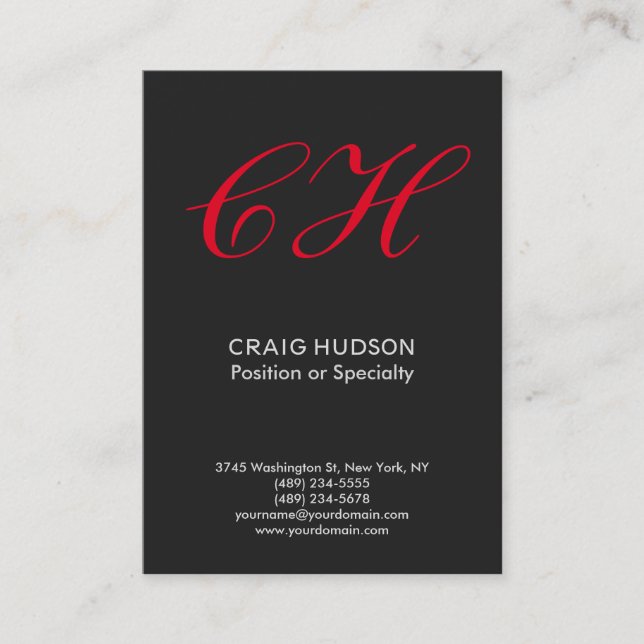 Dark Grey Red Monogram Professional Business Card (Front)