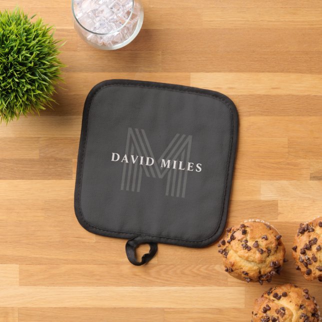 Dark Grey Retro Modern Monogrammed Name Pot Holder (Top Down)