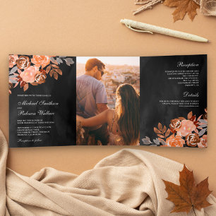 Dark Grey Rustic Earthy Terracotta Floral Wedding Tri-Fold Invitation