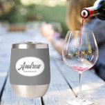Dark Grey Stylised Wedding Groomsman Name<br><div class="desc">Gift your wedding groomsman with this trendy and personalised, stainless steel wine tumbler with his name in stylised script inside a white, oval design. Background colour and script is a dark grey. Personalise your wine tumbler by editing and replacing name with desired name. Available in many, popular wedding colour schemes....</div>