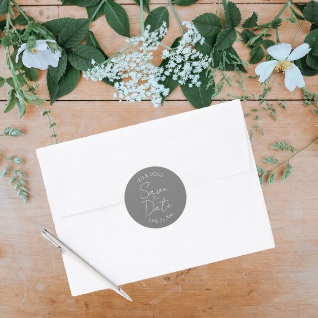 Dark Grey Stylised Wedding Save the Date Classic Round Sticker (In Situ Wedding)