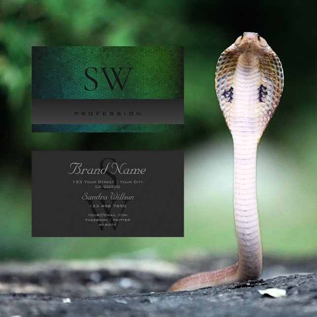 Dark Grey Teal Green Gradient Snake with Initials  Business Card (Creator Uploaded)