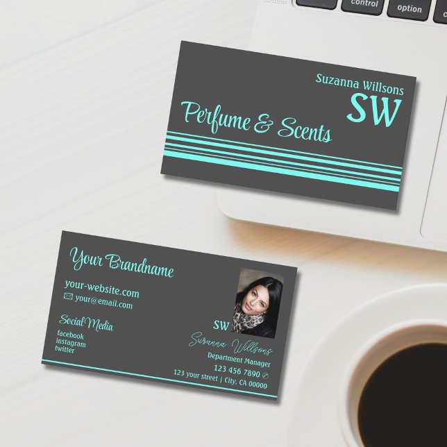 Dark Grey Teal Stripes with Monogram and Photo Business Card (Creator Uploaded)