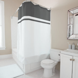 Dark Grey Top Accent Stripes On Modern White Shower Curtain