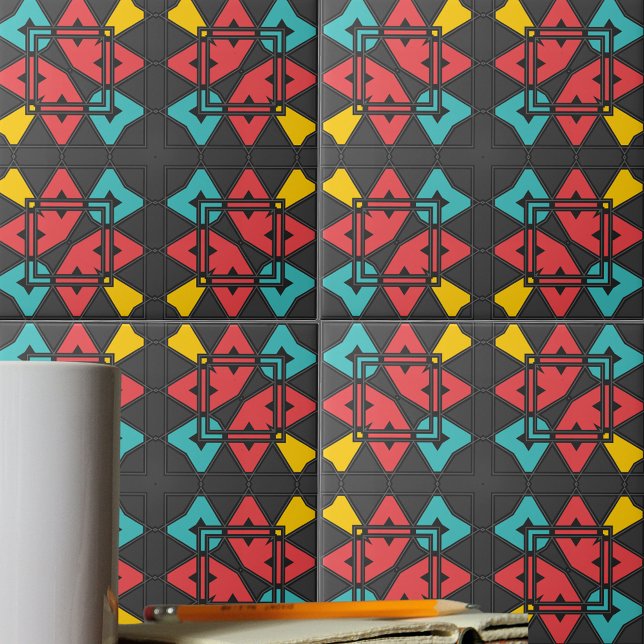 Dark Grey Turquoise Red Yellow Abstract Geometric Tile (Creator Uploaded)