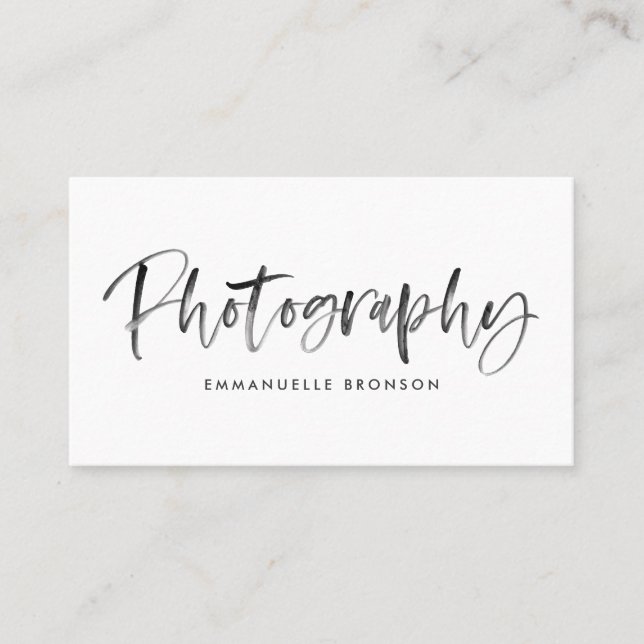 Dark Grey Watercolor Brush Lettering Photographer Business Card (Front)