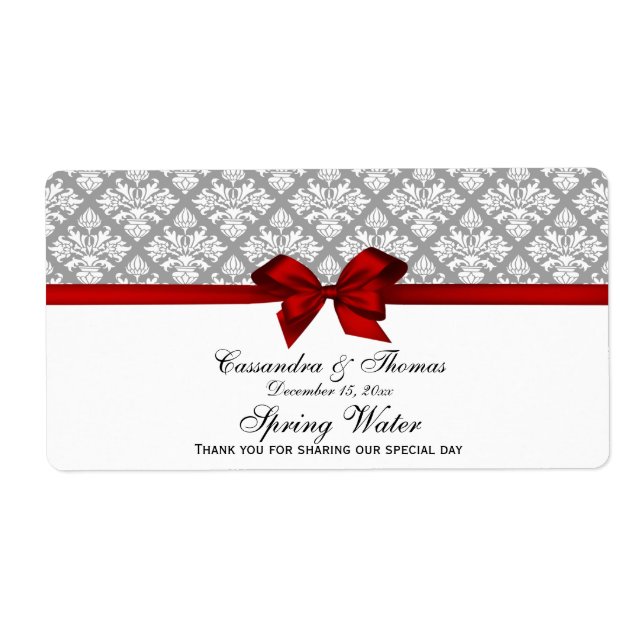 Dark Grey White Damask Water Label With Red Bow (Front)