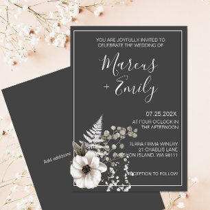 Dark Grey & White Floral Wedding  Invitation