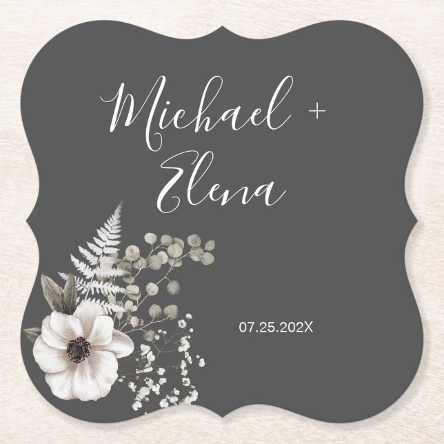 Dark Grey & White Floral Wedding   Paper Coaster (Front)