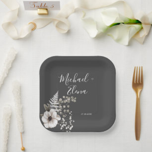 Dark Grey & White Floral Wedding Paper Plate