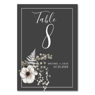 Dark Grey & White Floral Wedding  Table Number