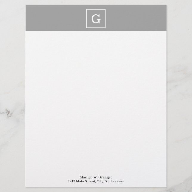 Dark Grey White Framed Initial Monogram Customized Letterhead (Front)