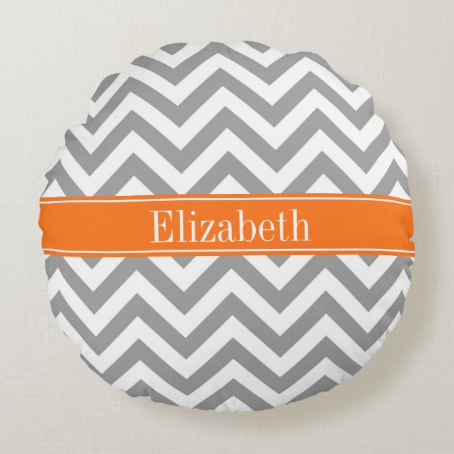 Dark Grey White LG Chevron Pumpkin Name Monogram Round Cushion (Front)