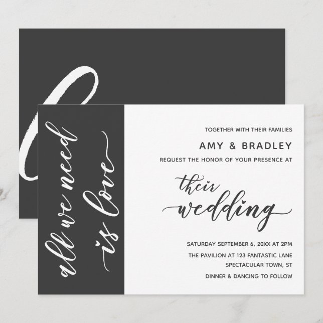 Dark Grey & White Modern Script Wedding Invitation (Front/Back)