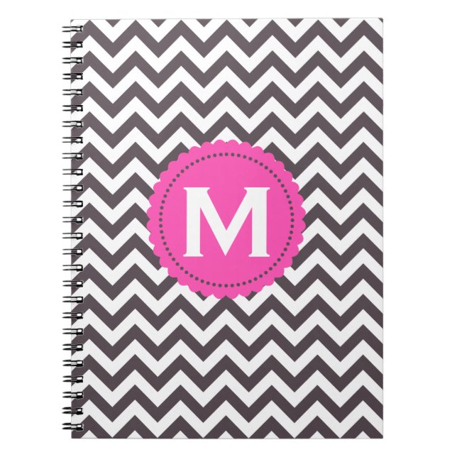 Dark Grey White Monogram Chevron Pattern Spiral Notebook (Front)